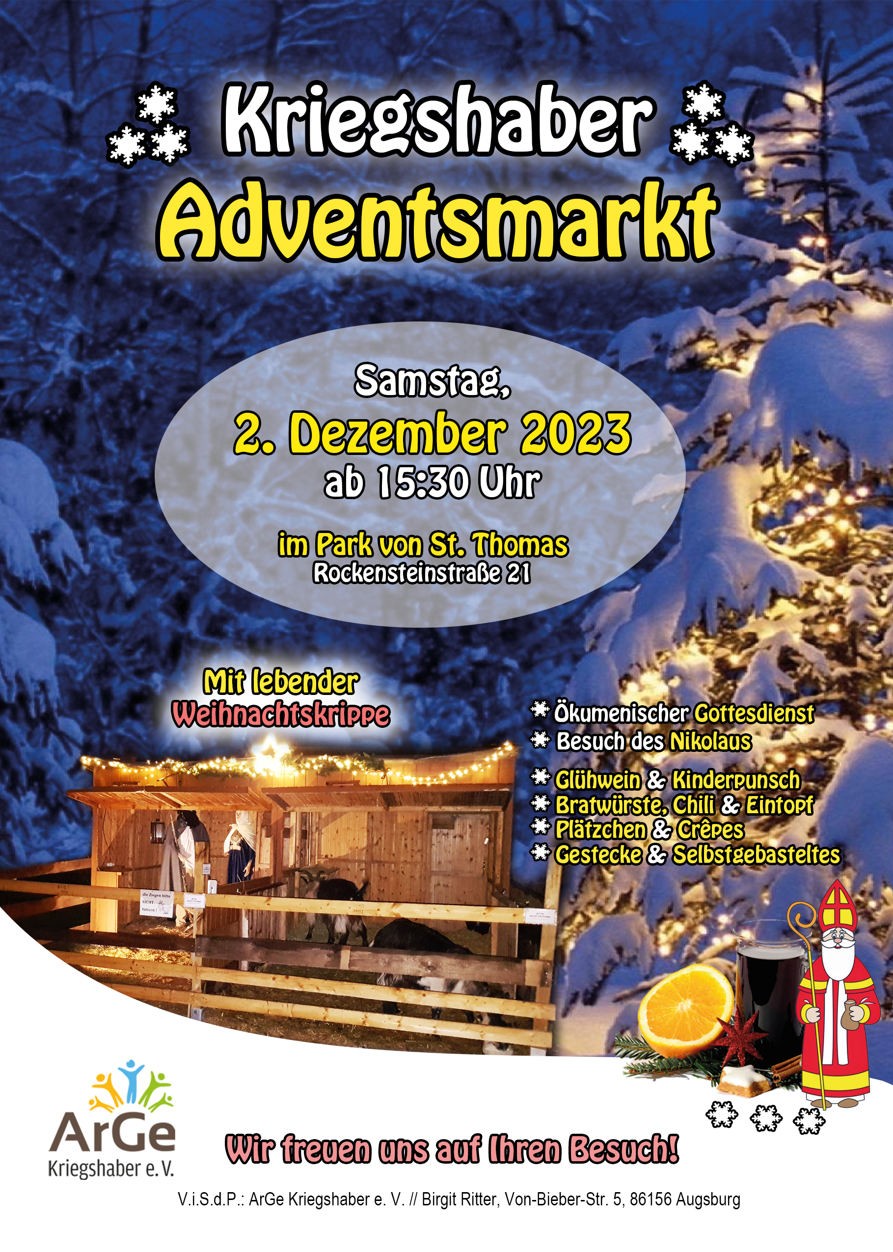 Einladung zum Adventsmarkt der ArGe Kriegshaber am 2. Dezember 2023 im Park von St. Thomas